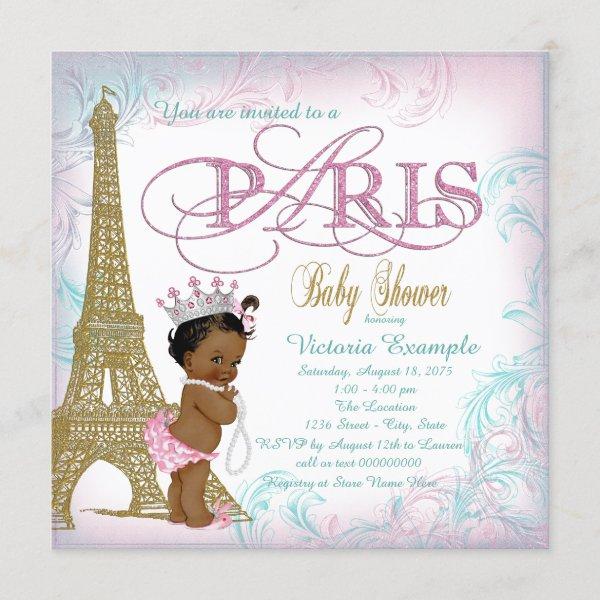 Girls Paris Baby Shower Pink Gold Teal Pearls