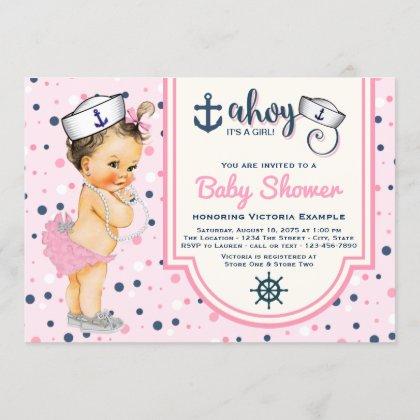 Girls Pink Navy Blue Nautical Baby Shower Invitation