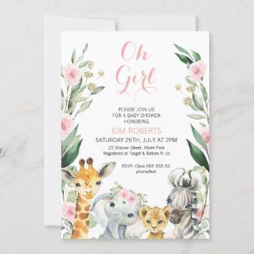 Girls Safari Floral Wreath Baby Shower Invitation