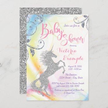 Girls Silver Unicorn Baby Shower Invitations
