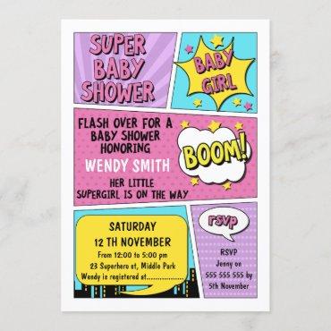 Girls Superhero Baby Shower Invitation