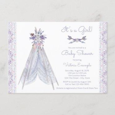 Girls Teepee Baby Shower Invitation Lavender Lace