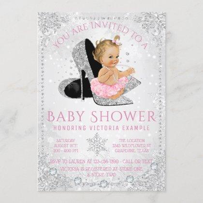 Girls Winter Wonderland Snowflakes Baby Shower Invitation