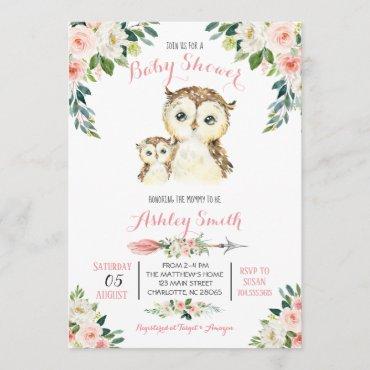 Girls Woodland owl Baby Shower Invitations