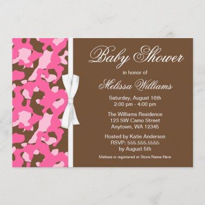 Girly Pink Brown Camo Ribbon Baby Shower Invitation