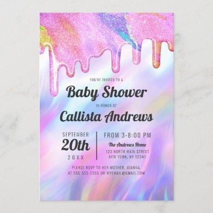 Girly Unicorn Holographic Glitter Drip Baby Shower Invitation