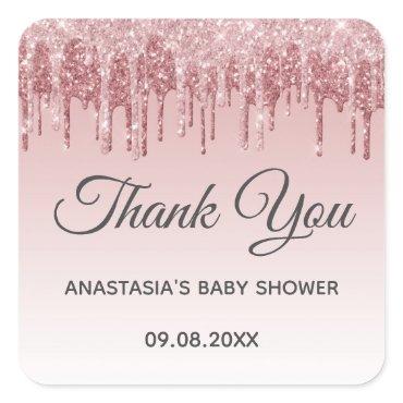 Glam Blush Pink Gold Glitter Thank You Baby Shower Square Sticker