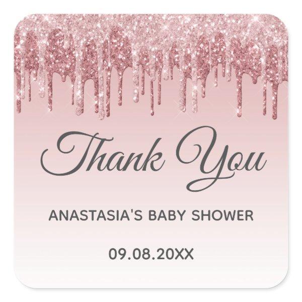 Glam Blush Pink Gold Glitter Thank You Baby Shower Square Sticker