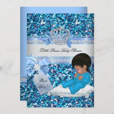 Glitter Baby Shower Boy Blue Little Prince Crown 3 Invitation