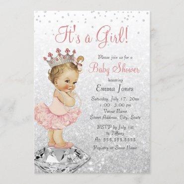 Glitter Pink Silver Princess Baby Shower Invitation