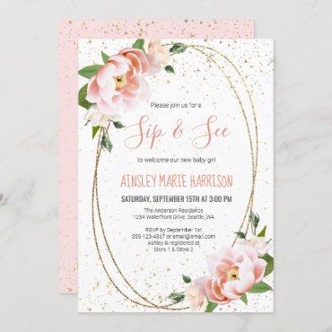 Gold Blush Floral Sip & See Baby Girl Shower