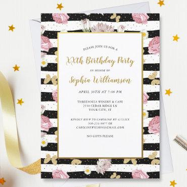 Gold Butterflies Floral Stripe Pattern Birthday