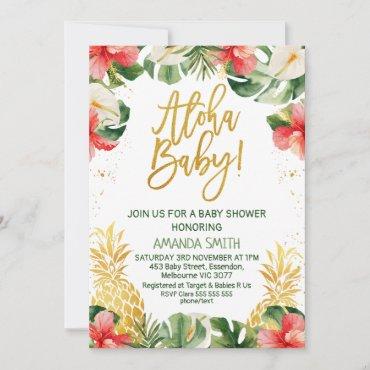 Gold Calligraphy Red Floral Aloha Baby Baby
