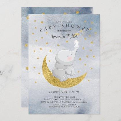 Gold Catch A Star Bunny Elephant Baby Boy Shower Invitation