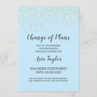 Gold Confetti on Blue Change of Plans Announcement
