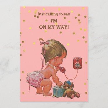 Gold Confetti Vintage Baby on Phone Baby Shower Invitation