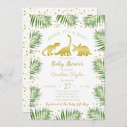 Gold Dinosaur Tropical Greenery Baby Shower Invitation