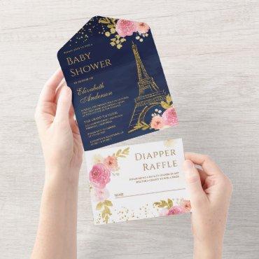 Gold Eiffel Tower Blush Pink Floral Baby Shower All In One