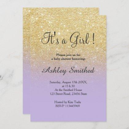 Gold faux glitter lavender ombre girl baby shower invitation