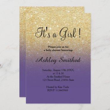 Gold faux glitter purple ombre girl baby shower invitation