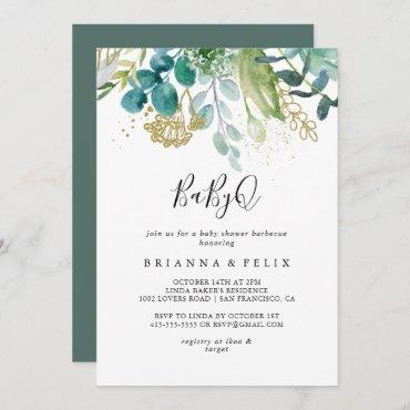 Gold Floral Tropical BabyQ Baby Shower Barbecue Invitation