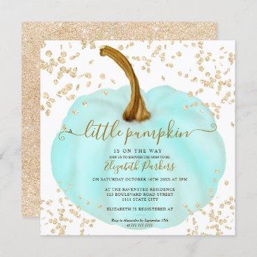 Gold glitter blue pumpkin watercolor baby shower invitation