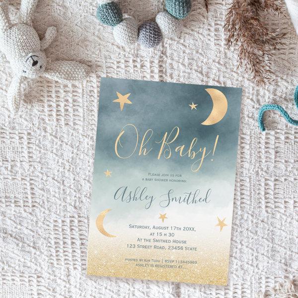 Gold glitter moon star blue watercolor