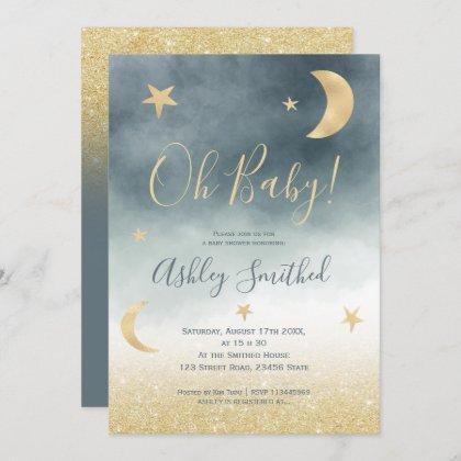 Gold glitter moon star blue watercolor baby shower invitation