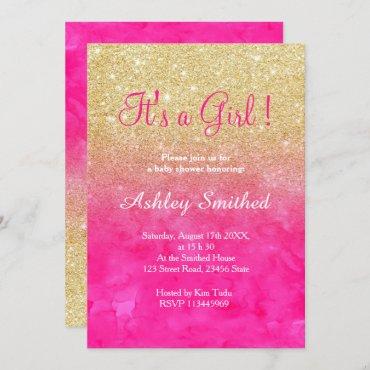 Gold glitter pink watercolor ombre baby shower invitation