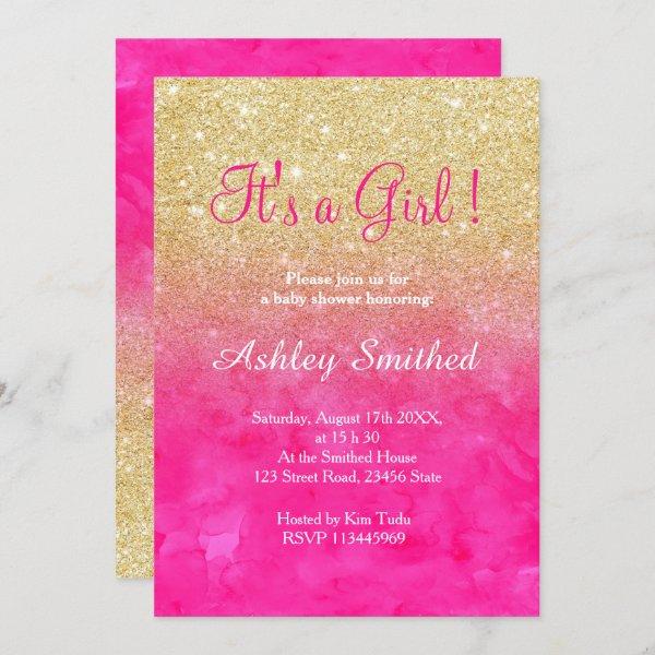 Gold glitter pink watercolor ombre