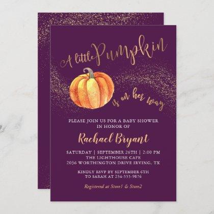 Gold Glitter Pumpkin Purple Girl Baby Shower Invitation