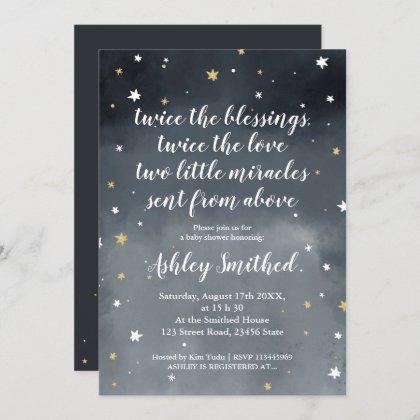 Gold glitter stars watercolor twins baby shower invitation
