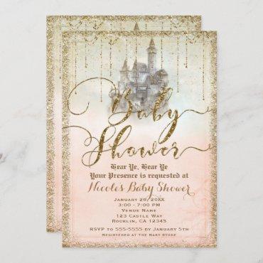 Gold Glitter Storybook Castle Baby Shower Invitation
