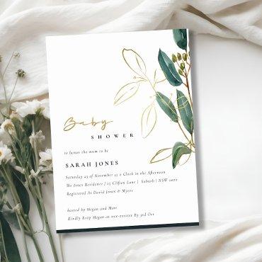 GOLD GREEN EUCALYPTUS FOLIAGE BABY SHOWER INVITE