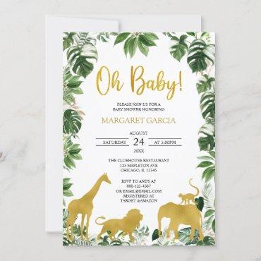  Gold Greenery Jungle Safari Animals Baby Shower Invitation