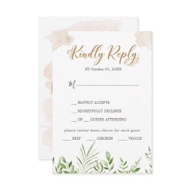 Gold Greenery Menu Choice Wedding RSVP Card