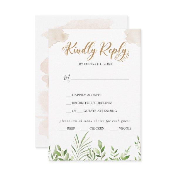 Gold Greenery Menu Choice Wedding RSVP Card
