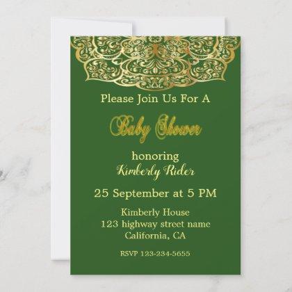 Gold Mandala On Green Baby Shower Invitation