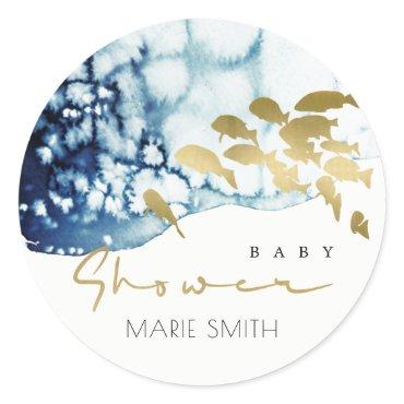 GOLD NAVY UNDERWATER SEA FISH BABY SHOWER CLASSIC CLASSIC ROUND STICKER
