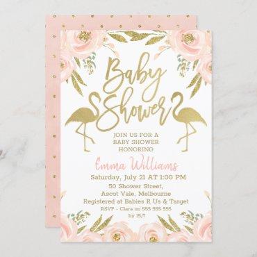 Gold Pink Flamingo Baby Shower Invitation