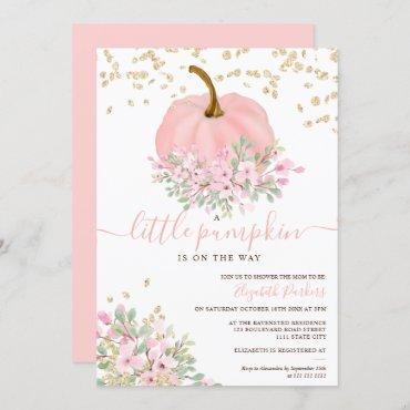 gold pink floral pumpkin watercolor baby shower invitation
