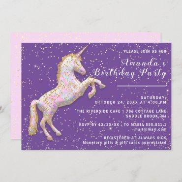 Gold Pink Unicorn Horse Birthday Confetti Purple