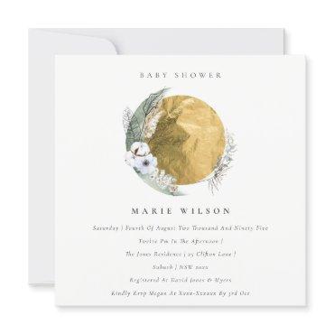 Gold Saga Green Floral Wreath Baby Shower Invite