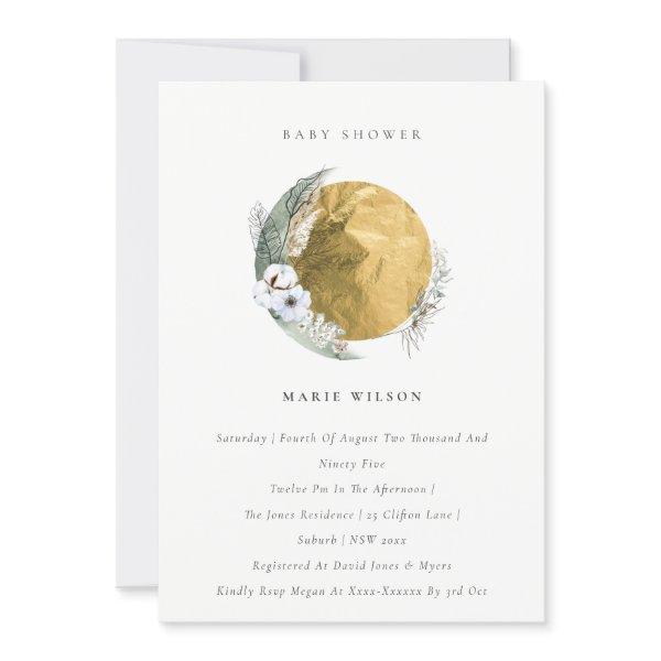 Gold Saga Green Floral Wreath Baby Shower Invite