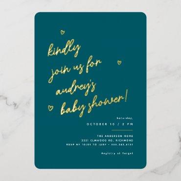 Gold Script | Dark Teal Gender Neutral Baby Shower Foil