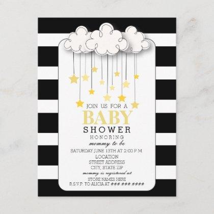 Gold Stars Cloud Black + White Neutral Baby Shower Invitation