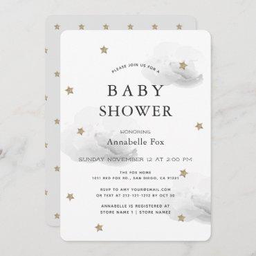 Gold Stars & Fluffy Gray Clouds Baby Shower Invitation