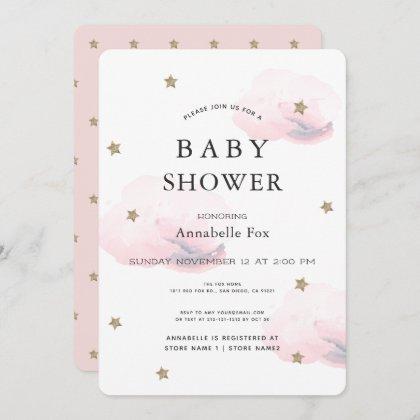 Gold Stars & Fluffy Pink Clouds Baby Shower Invitation