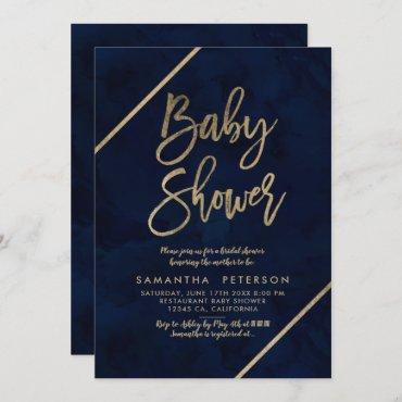Gold typography navy blue watercolor Baby shower Invitation