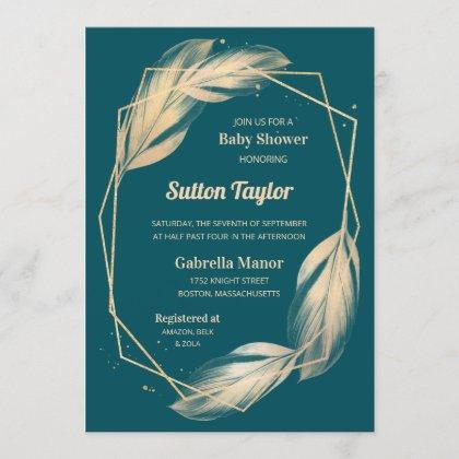 Golden Feathers on Teal Baby Shower Invitation